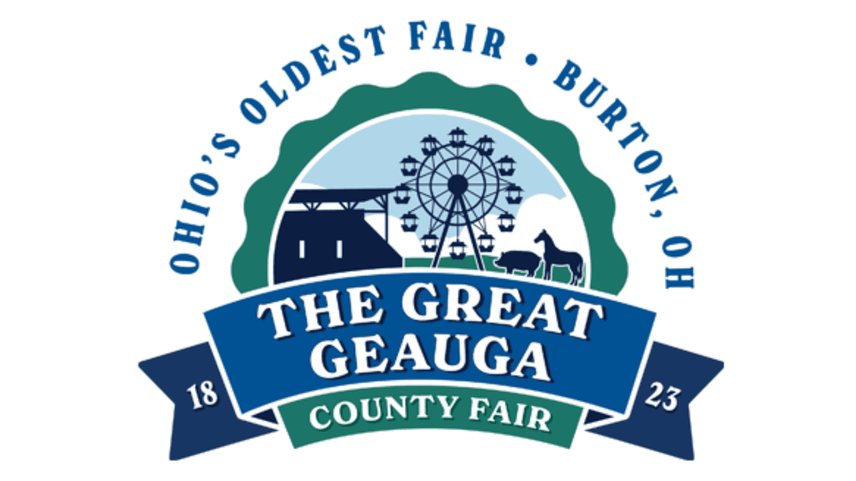 Logo for The Great Geauga County Fair, Ohio's oldest fair since 1823, featuring Ferris wheel and animals.