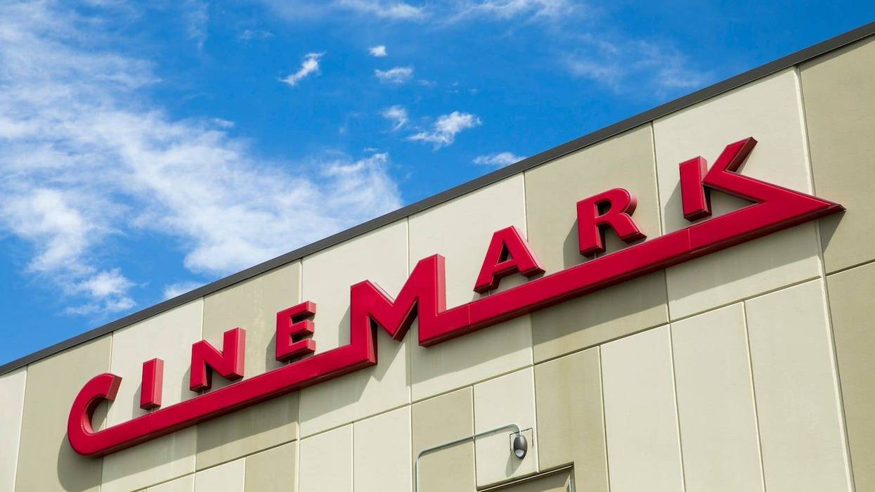 logo sign outside of a Cinemark movie theater location in Chesapeake, Virginia on May 2, 2020.