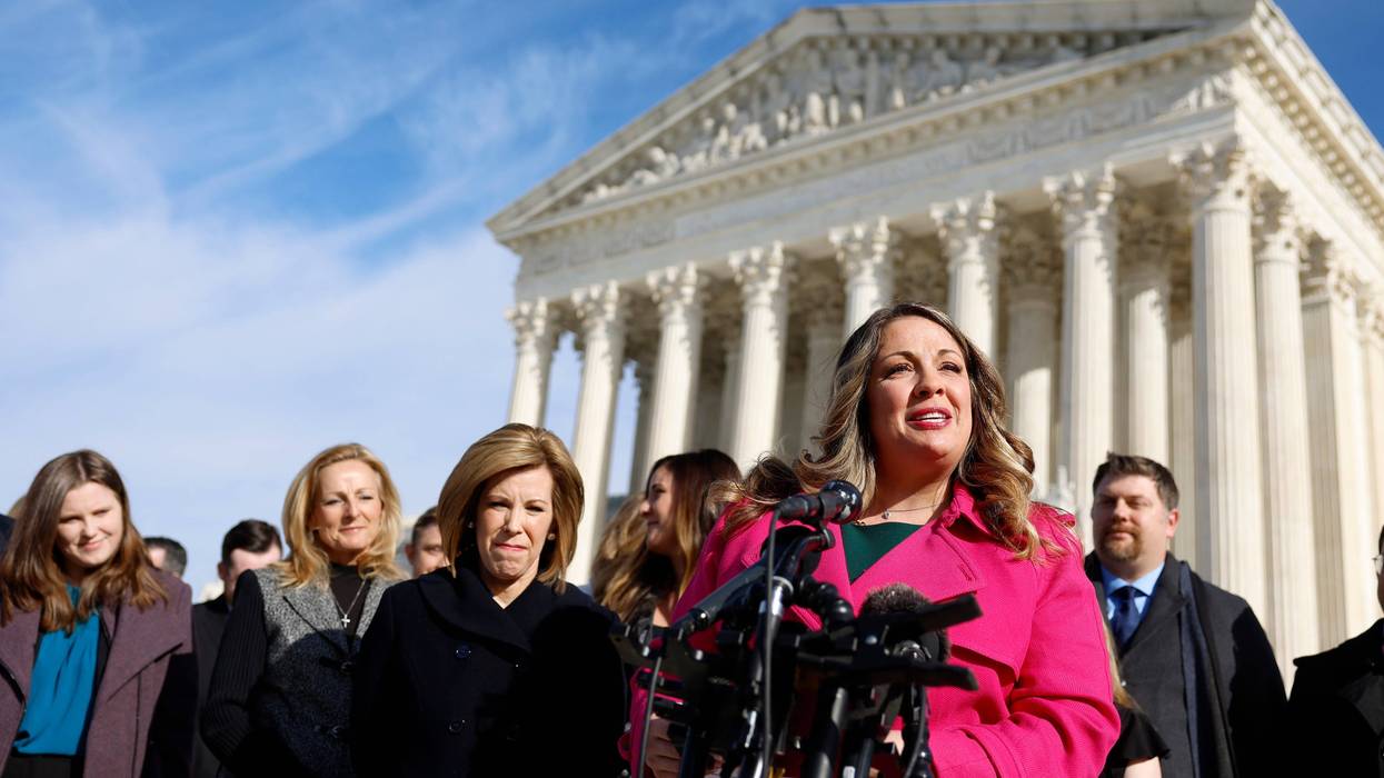 Lorie Smith, the owner of 303 Creative, a website design company in Colorado, speaks to reporters outside of the U.S. Supreme Court Building on December 05, 2022 in Washington, D.C.