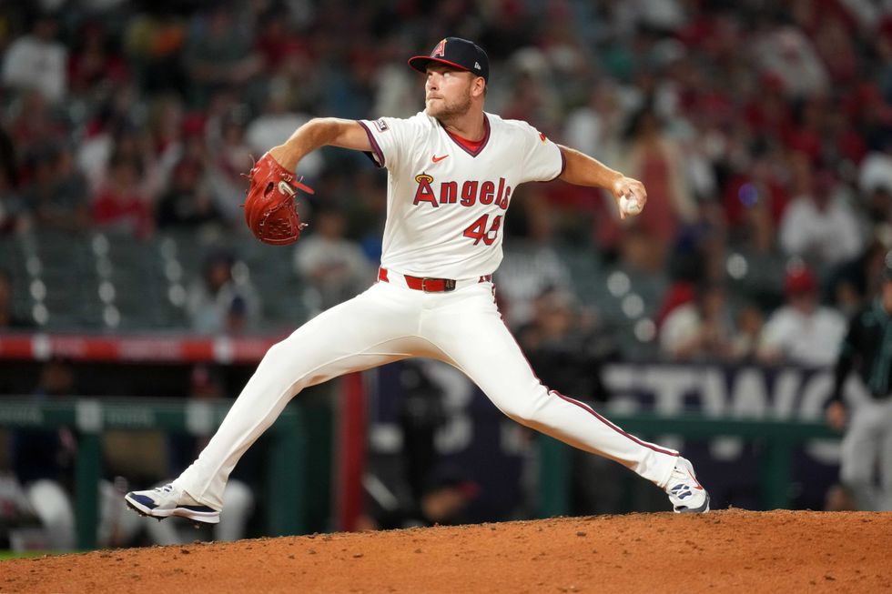 Los Angeles Angels relief pitcher Reid Detmers throws in the eighth inning against the Arizona Diamondbacks at Angel Stadium.