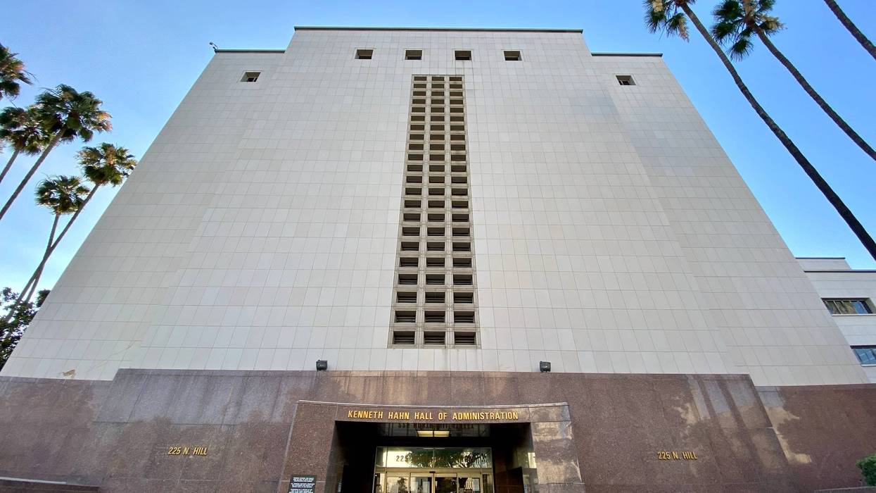 LOS ANGELES, CA, JUN 2020: wide angle view, Hill St entrance, Kenneth Hahn Hall of Administration, seat of government of the County of Los Angeles, CA. Civic Center district of Downtown