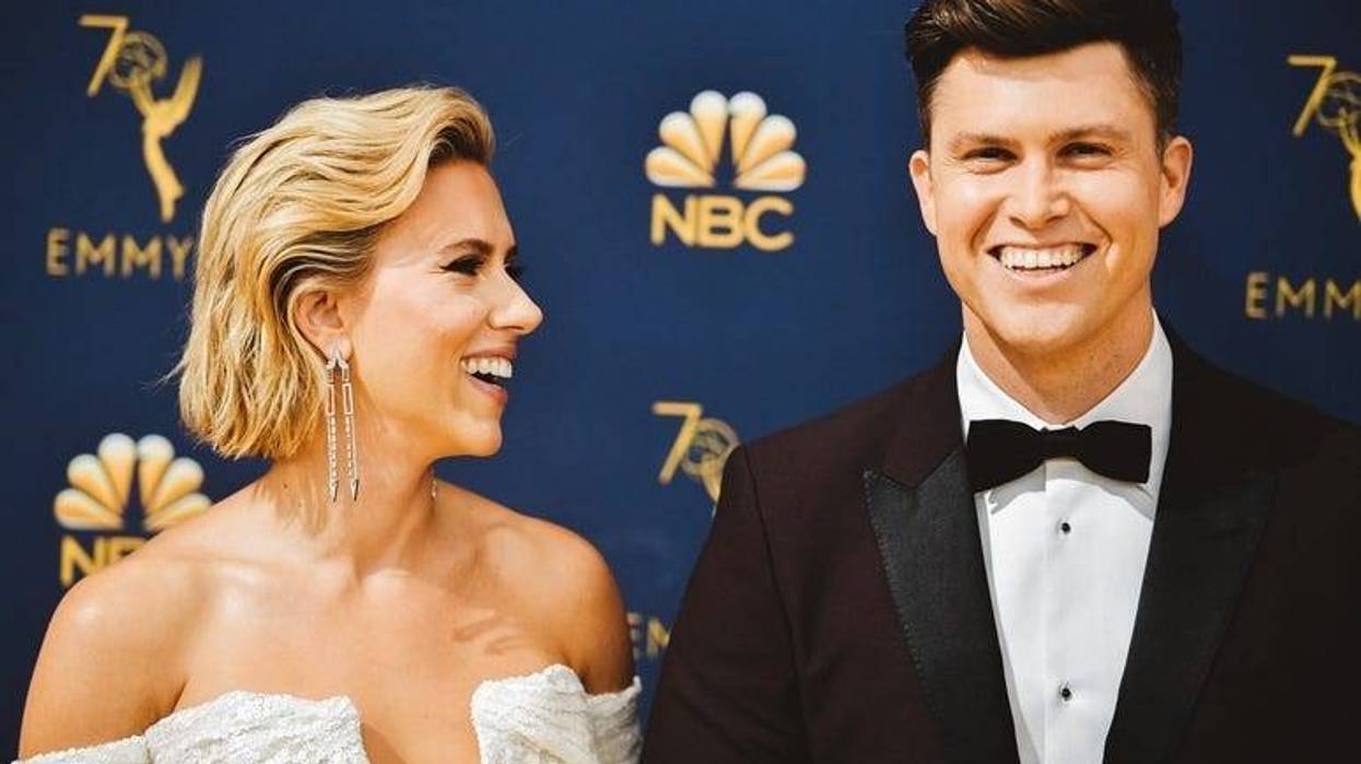 LOS ANGELES, CA - SEPTEMBER 17: (EDITORS NOTE: Image has been digitally enhanced) Scarlett Johansson and Colin Jost arrives at the 70th Emmy Awards on September 17, 2018 in Los Angeles, California