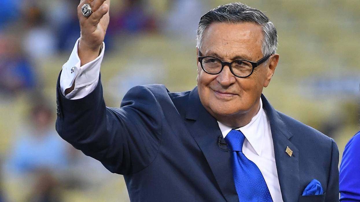 LOS ANGELES, CA - SEPTEMBER 21: Longtime Los Angeles Dodgers broadcaster Jaime Jarrin acknowledges the crowd after being inducted into the Dodger Stadium Ring of Honor the game against the San Diego Paders at Dodger Stadium on September 2, 2018 in Los Angeles, California.