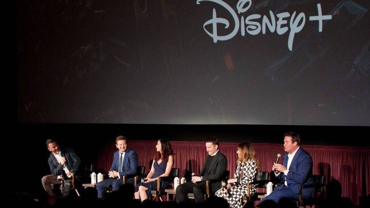 LOS ANGELES, CALIFORNIA - APRIL 11: (L-R) Jimmy Kimmel, Jeremy Renner, Roxy Molohon, Patrick Costello, Romilda De Luca, and Rory Millikin attend the world premiere event for the Disney+ original series "Rennervations" at Westwood Regency Village Theater on April 11, 2023 in Los Angeles, California.