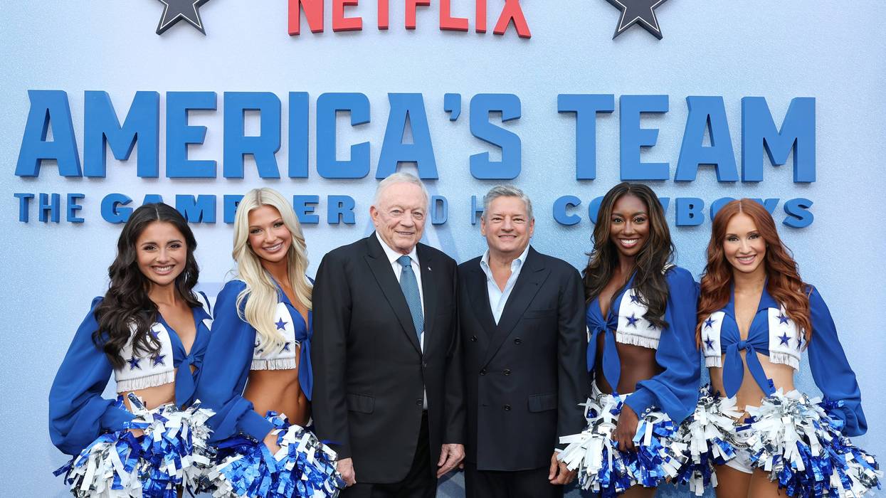 LOS ANGELES, CALIFORNIA - AUGUST 11: (L-R) Reece Weaver and Sophy Laufer of Dallas Cowboys Cheerleaders, Jerry Jones, Owner, President & GM, Dallas Cowboys and Ted Sarandos, Co-CEO, Netflix and Camille Sturdivant and Charly Barby of Dallas Cowboys Cheerleaders attend the premiere of Netflix's "America's Team: The Gambler and His Cowboys" at The Egyptian Theatre Hollywood on August 11, 2025 in Los Angeles, California. (Photo by Amy Sussman/Getty Images for Netflix)
