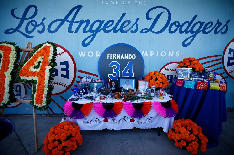 LOS ANGELES, CALIFORNIA - NOVEMBER 01: A general view of a memorial in honor of former Los Angeles Dodgers player Fernando Valenzuela during the 2024 World Series Celebration Show at Dodger Stadium on November 01, 2024 in Los Angeles, California.