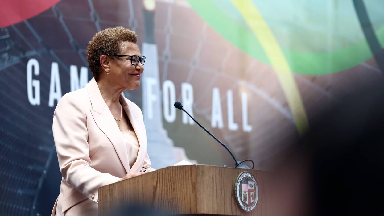 LOS ANGELES, CALIFORNIA - SEPTEMBER 12: Karen Bass, Mayor of Los Angeles, greets guests at the LA28 Event at Los Angeles City Hall on September 12, 2024 in Los Angeles, California.