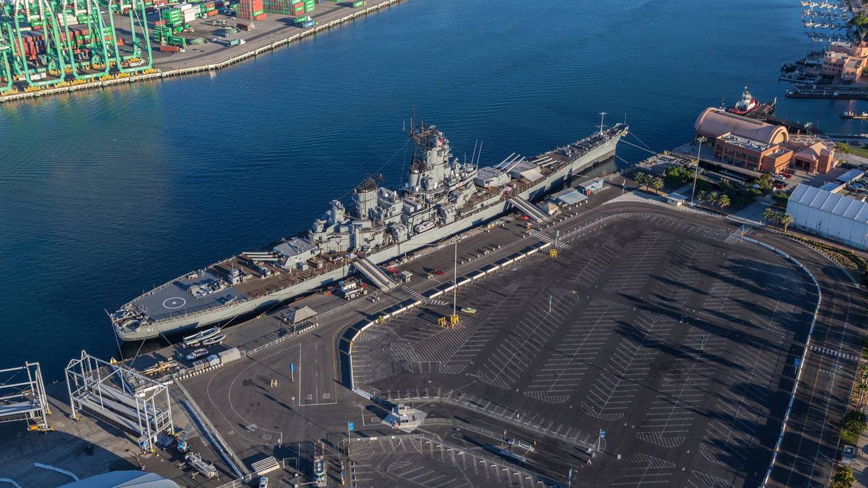 Los Angeles, California, USA - August 16, 2016: Afternoon aerial view of the USS Iowa Battleship Museum in the San Pedro.