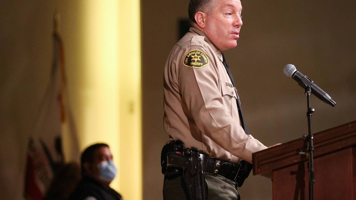 Los Angeles County Sheriff Alex Villanueva speaks at the graduation ceremony for Los Angeles County Sheriff's Department Academy Class 451 at East Los Angeles College amid the COVID-19 pandemic on August 21, 2020 in Monterey Park, California.