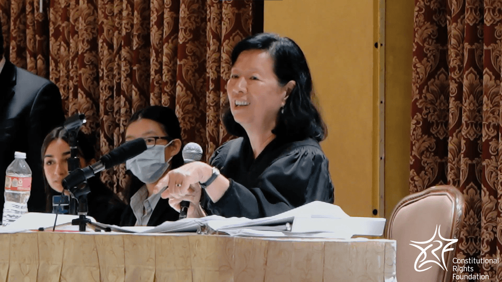 Los Angeles County Superior Court Judge Holly J. Fujie acting as volunteer judge for the 2023 California Mock Trial Finals
