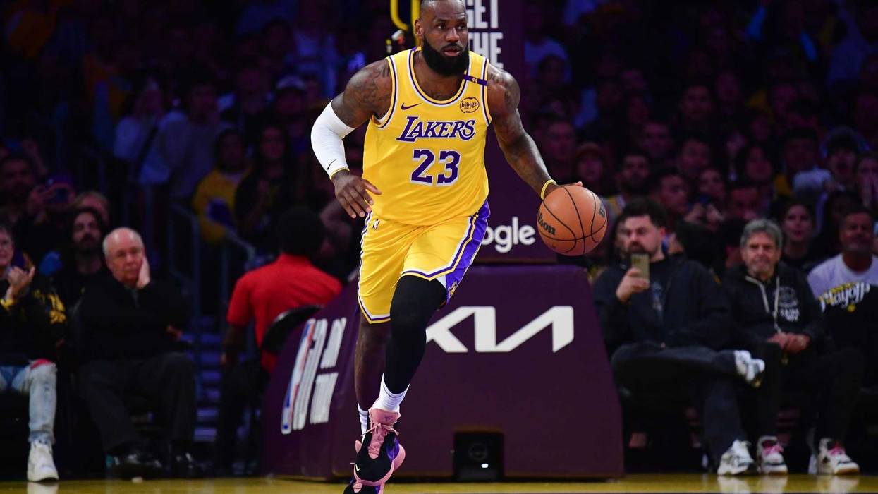 Los Angeles Lakers forward LeBron James (23) brings the ball up court against the Minnesota Timberwolves during the first half in game five of first round for the 2025 NBA Playoffs at Crypto.com Arena.