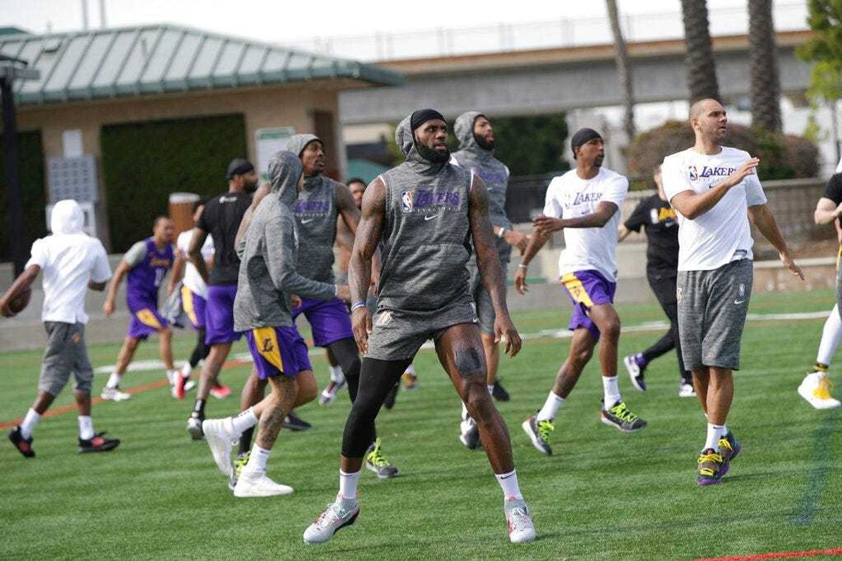 Los Angeles Lakers forward LeBron James joins team members during NBA basketball training outdoors in El Segundo, Calif., Thursday, Jan. 30, 2020. The Lakers held their second practice Thursday, while they continue to grieve for former player Kobe Bryant.