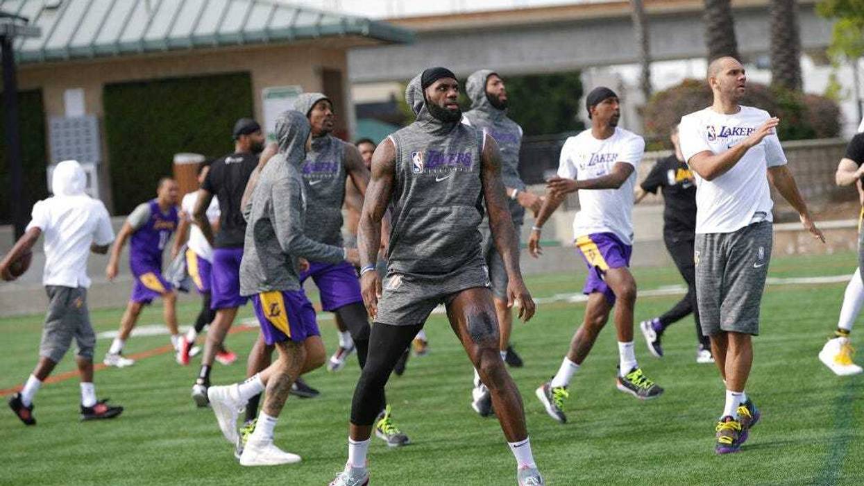 Los Angeles Lakers forward LeBron James joins team members during NBA basketball training outdoors in El Segundo, Calif., Thursday, Jan. 30, 2020. The Lakers held their second practice Thursday, while they continue to grieve for former player Kobe Bryant.