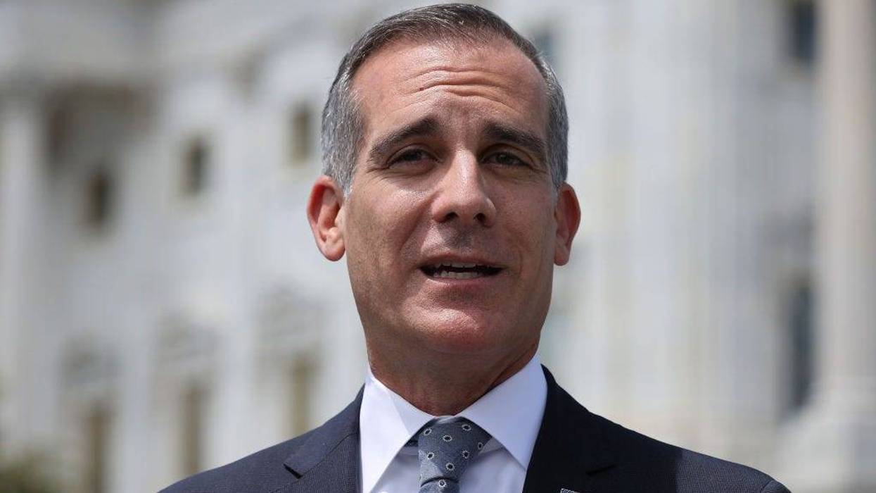 Los Angeles Mayor Eric Garcetti speaks outside the U.S. Capitol on May 12, 2021.