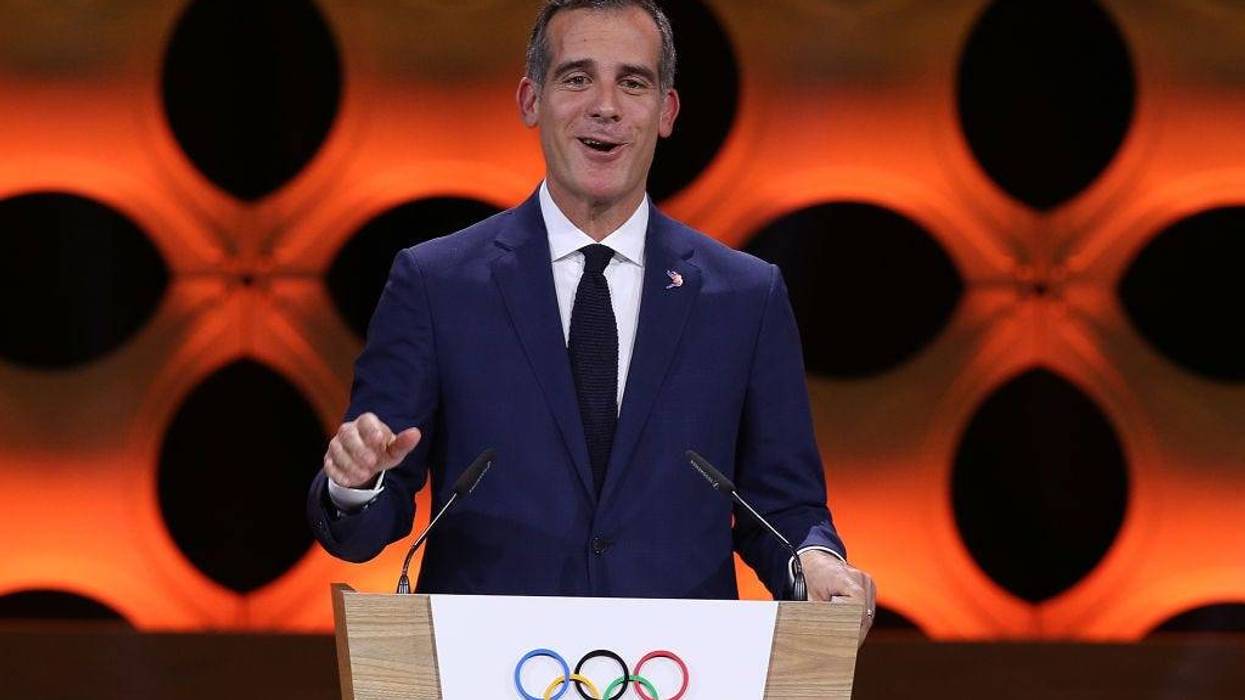 Los Angeles Mayor Eric Garcetti talks during the 131th IOC Session - 2024 & 2028 Olympics Hosts Announcement at Lima Convention Centre on September 13, 2017 in Lima, Peru. (Photo by Buda Mendes/Getty Images)
