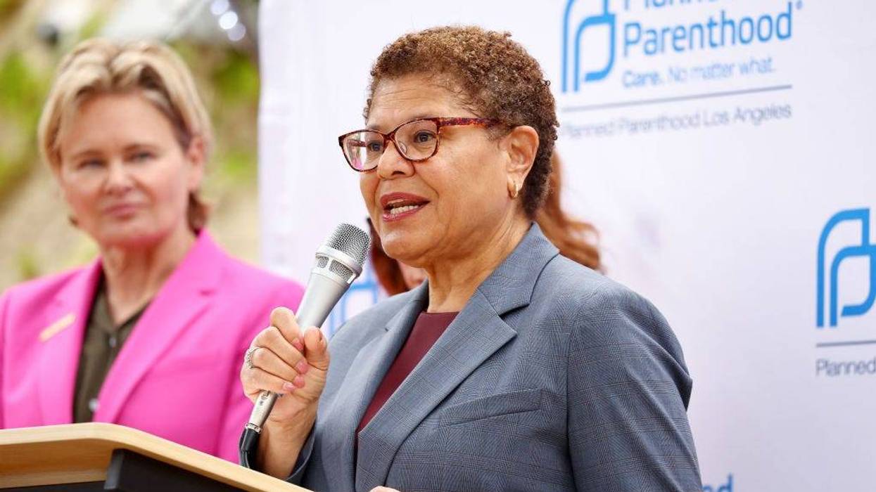 Los Angeles Mayor Karen Bass speaks as Planned Parenthood CEO Sue Dunlap looks on at a news conference about a federal judge’s ruling to rescind FDA approval of the abortion pill Mifepristone, at Planned Parenthood Los Angeles on April 10, 2023 in Los Angeles, California.