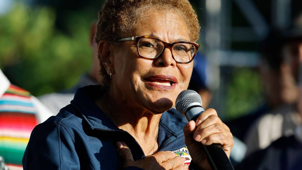 Los Angeles Mayor Karen Bass speaks at a candlelight vigil on June 10, 2025 in Los Angeles, California.