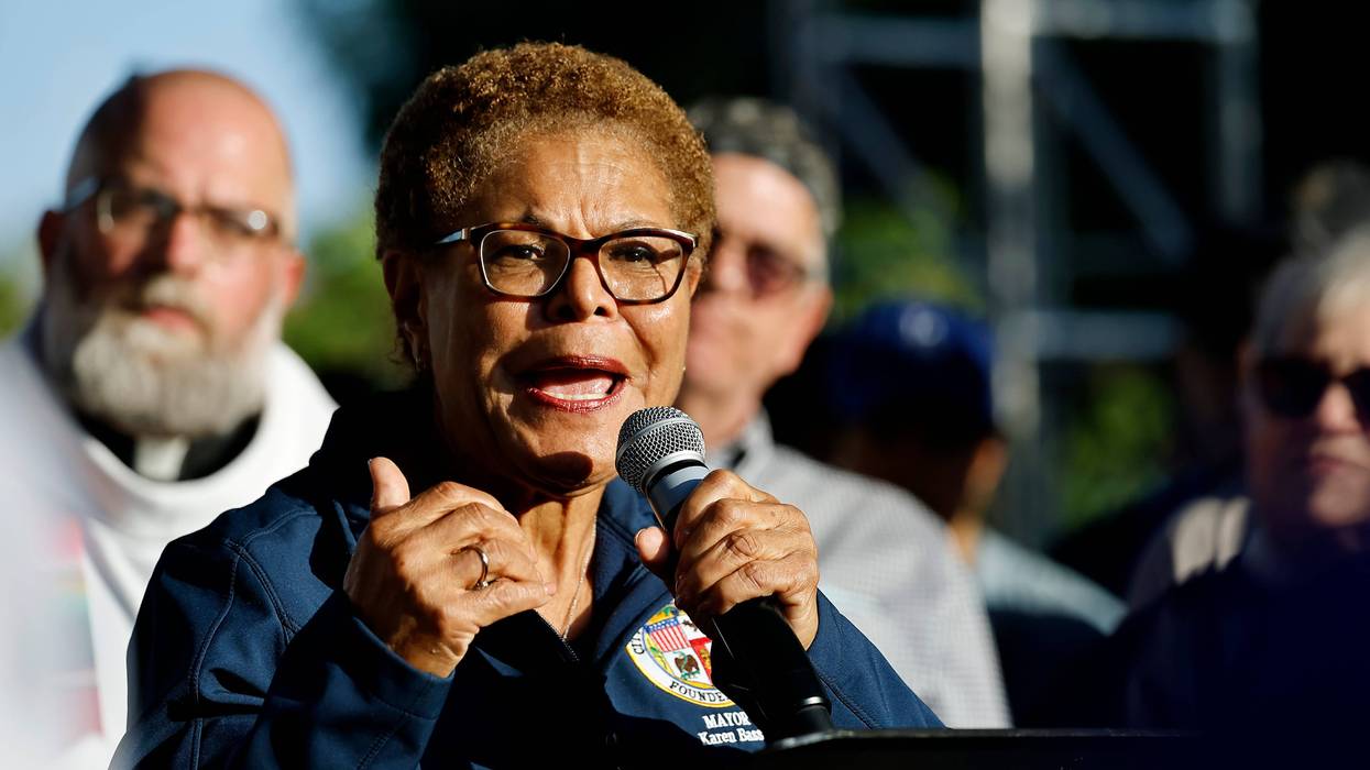Los Angeles Mayor Karen Bass speaks at a candlelight vigil on June 10, 2025 in Los Angeles, California.