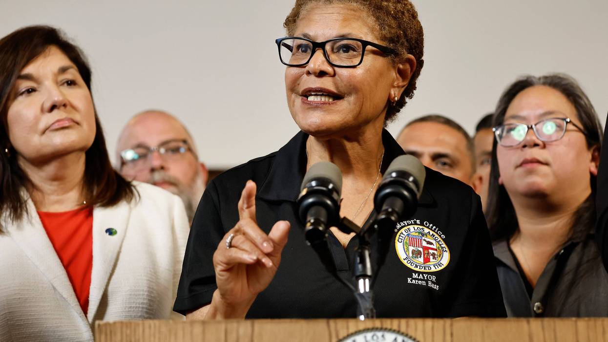 Los Angeles Mayor Karen Bass speaks at a press conference with civic leaders and members of the immigrant community on June 12, 2025 in Los Angeles, California.