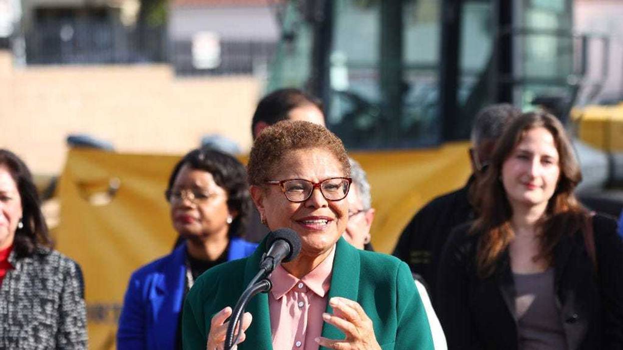 Los Angeles Mayor Karen Bass speaks at the podium at the Lorena Plaza affordable housing project construction site where she signed an affordable housing executive directive on December 16, 2022 in Los Angeles, California. The directive aims to 'dramatically accelerate and lower the cost of building affordable housing and shelter in Los Angeles' amid a housing and homelessness crisis in the city. (Photo by Mario Tama/Getty Images)