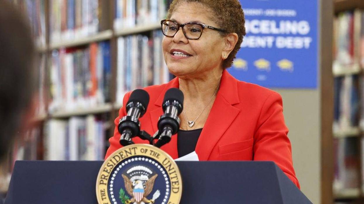 Los Angeles Mayor Karen Bass speaks before U.S. President Joe Biden delivered remarks on canceling student debt at Culver City Julian Dixon Library on February 21, 2024 in Culver City, California.