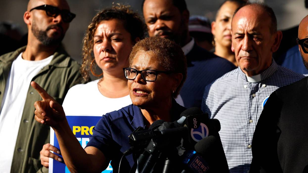 Los Angeles Mayor Karen Bass speaks to media in support of journalist Don Lemon outside federal court on January 30, 2026 in Los Angeles, California.