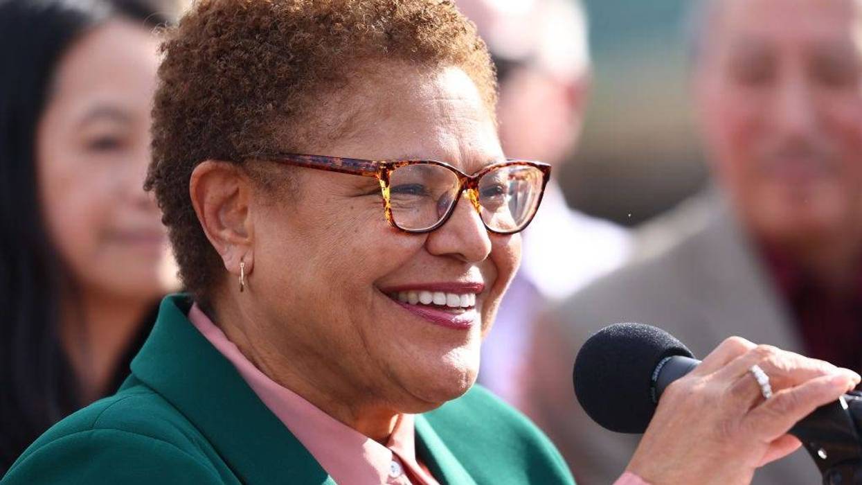 Los Angeles Mayor Karen Bass stands at the podium at the Lorena Plaza affordable housing project site where she signed an affordable housing executive directive on December 16, 2022 in Los Angeles, California.