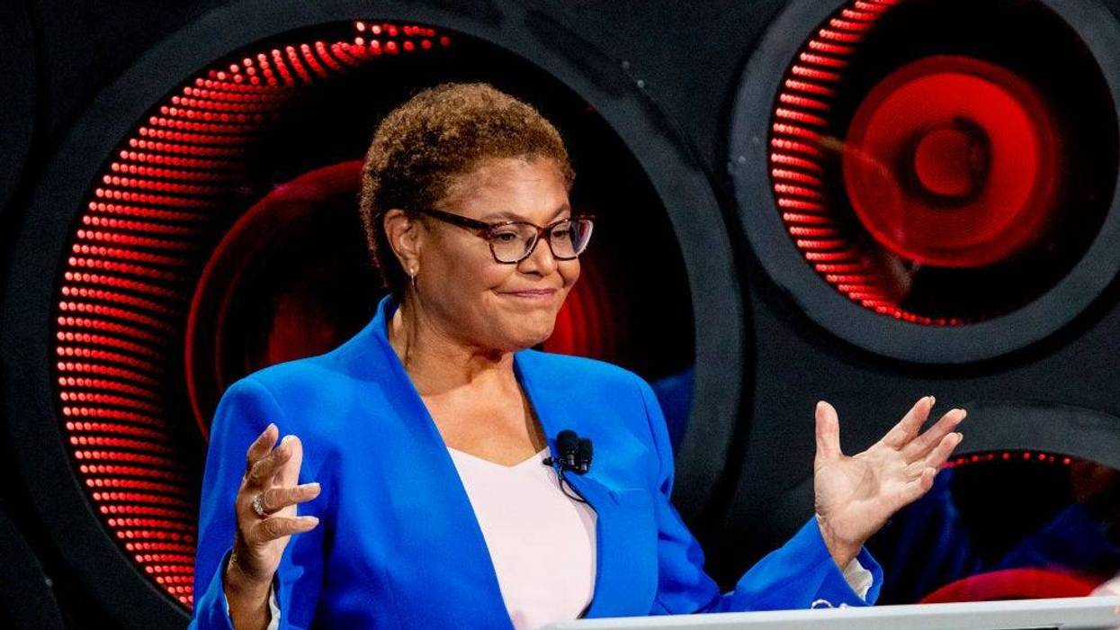 Los Angeles Mayoral candidates Congresswoman Karen Bass speaks as developer Rick Caruso, not pictured, listens, as they participate in the second one-on-one mayoral debate at the KNX Newsradio SoundSpace Stage in Los Angeles, Thursday, Oct. 6, 2022.