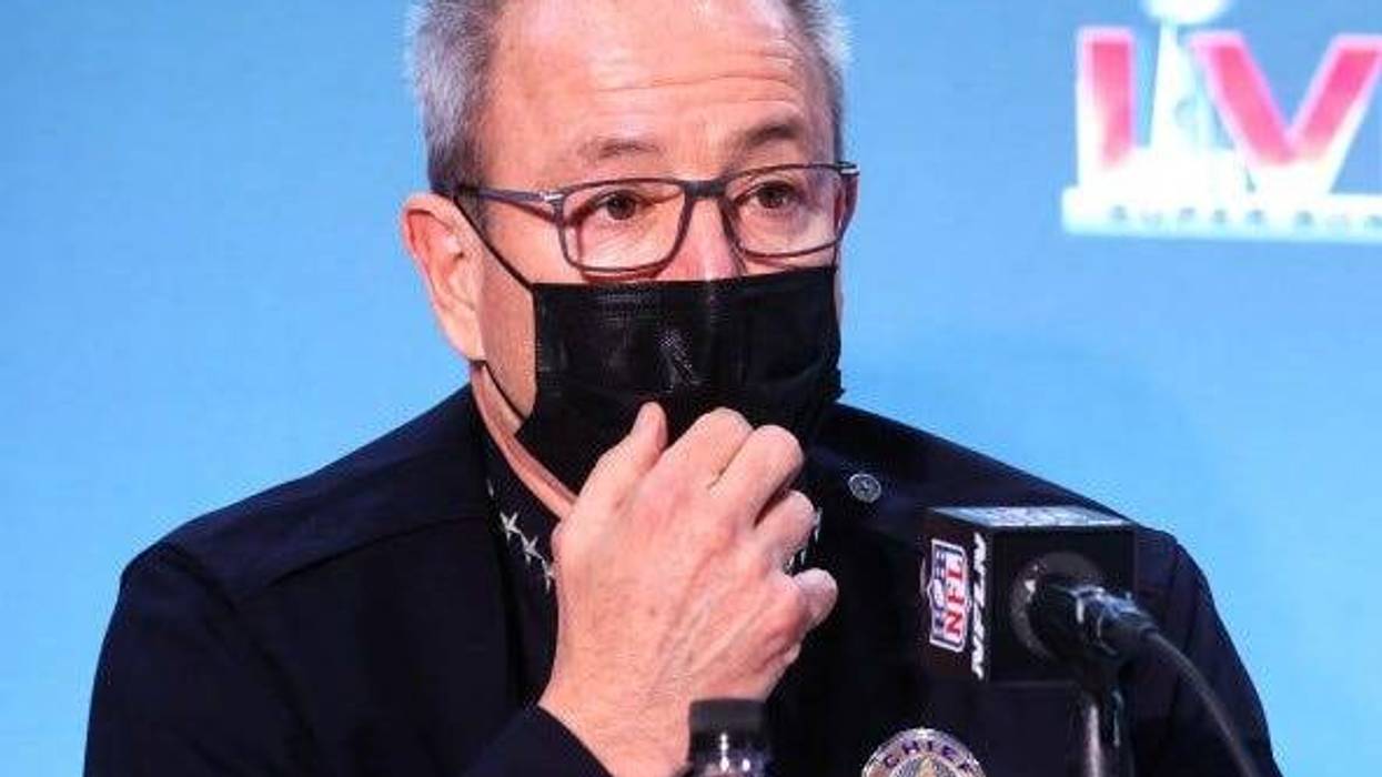 Los Angeles Police Department Chief of Police Michael Moore speaks at a press conference with members of the law enforcement community about public safety preparations for Super Bowl LXI activities on February 8, 2021 in Los Angeles, California.