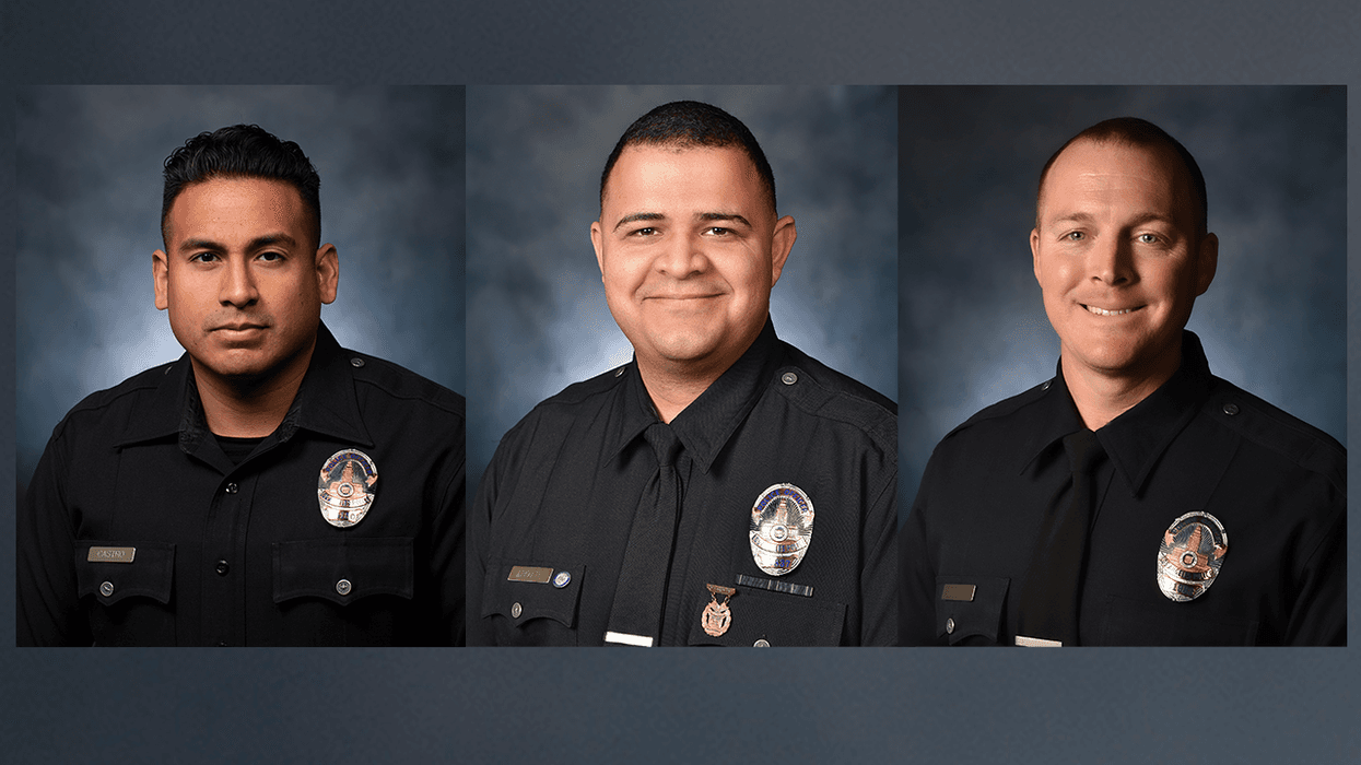 Los Angeles Police Department Officers Damian Castro (left), Christopher Aboyt (center), and Robert Sherock (right) were honored on March 7, 2022 by the National Law Enforcement Memorial and Museum for their heroism while pulling a man from his plane before a train crashed into it on Pacoima, Calif. railroad tracks on Jan. 9, 2022.