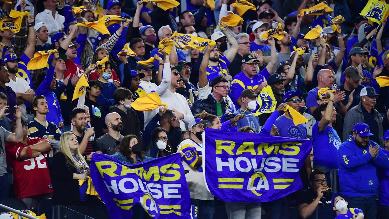Los Angeles Rams fans cheer against the San Francisco 49ers in the second half during the NFC Championship Game at SoFi Stadium on Jan. 20, 2022 in Inglewood, Calif.