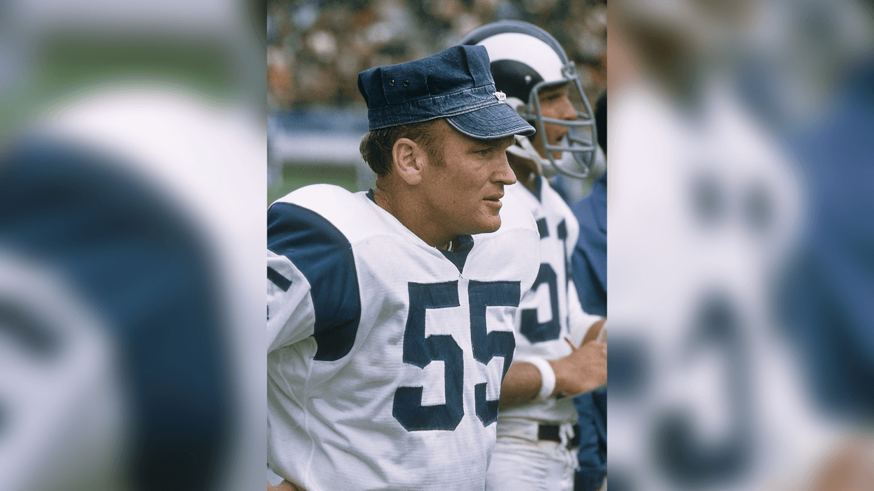 Los Angeles Rams linebacker Maxie Baughan (55) on the sideline against the Buffalo Bills at War Memorial Stadium.