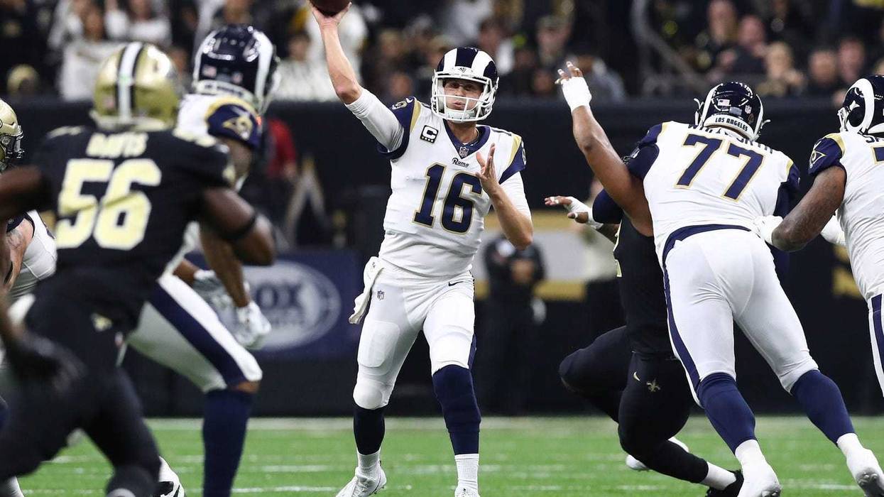 Los Angeles Rams quarterback Jared Goff (16) throws in the pocket in the second quarter against the New Orleans Saints in the NFC Championship at Mercedes-Benz Superdome.