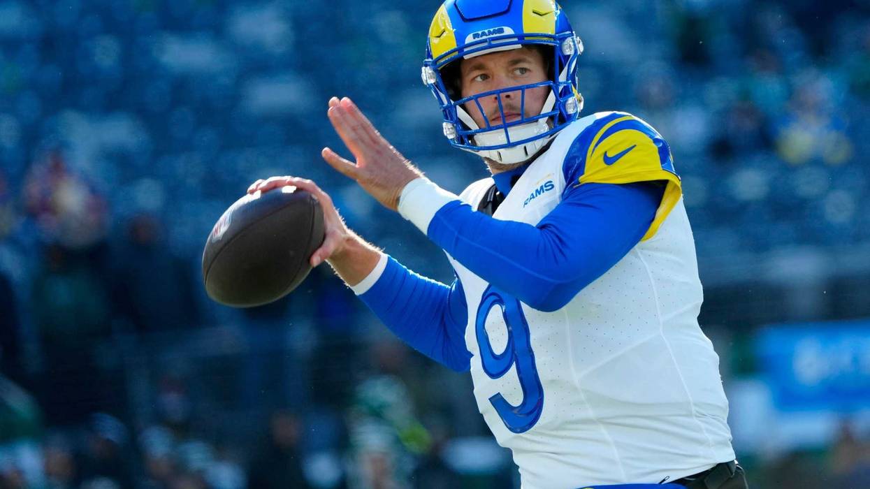 Los Angeles Rams quarterback Matthew Stafford (9) prepares for the game, Sunday, December 22, 2024, at East Rutherford.