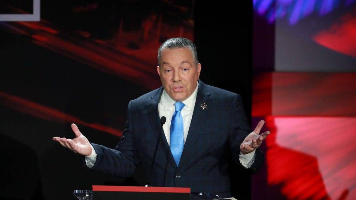 Los Angeles Sheriff Alex Villanueva speaks during the Los Angeles County Sheriff debate ahead of the Nov. 8 general election at the Skirball Cultural Center in Los Angeles.