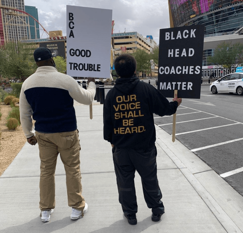 Lou Richie demonstrates the need for coaches of color with the Black Coaches Association outside the Pac-12 Men