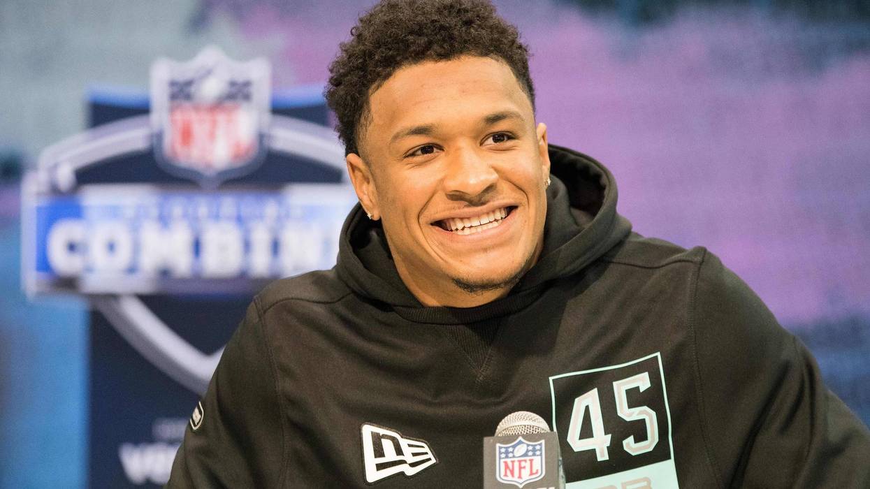 Louisiana State defensive back Grant Delpit (DB45) speaks to the media during the 2020 NFL Combine in the Indianapolis Convention Center.