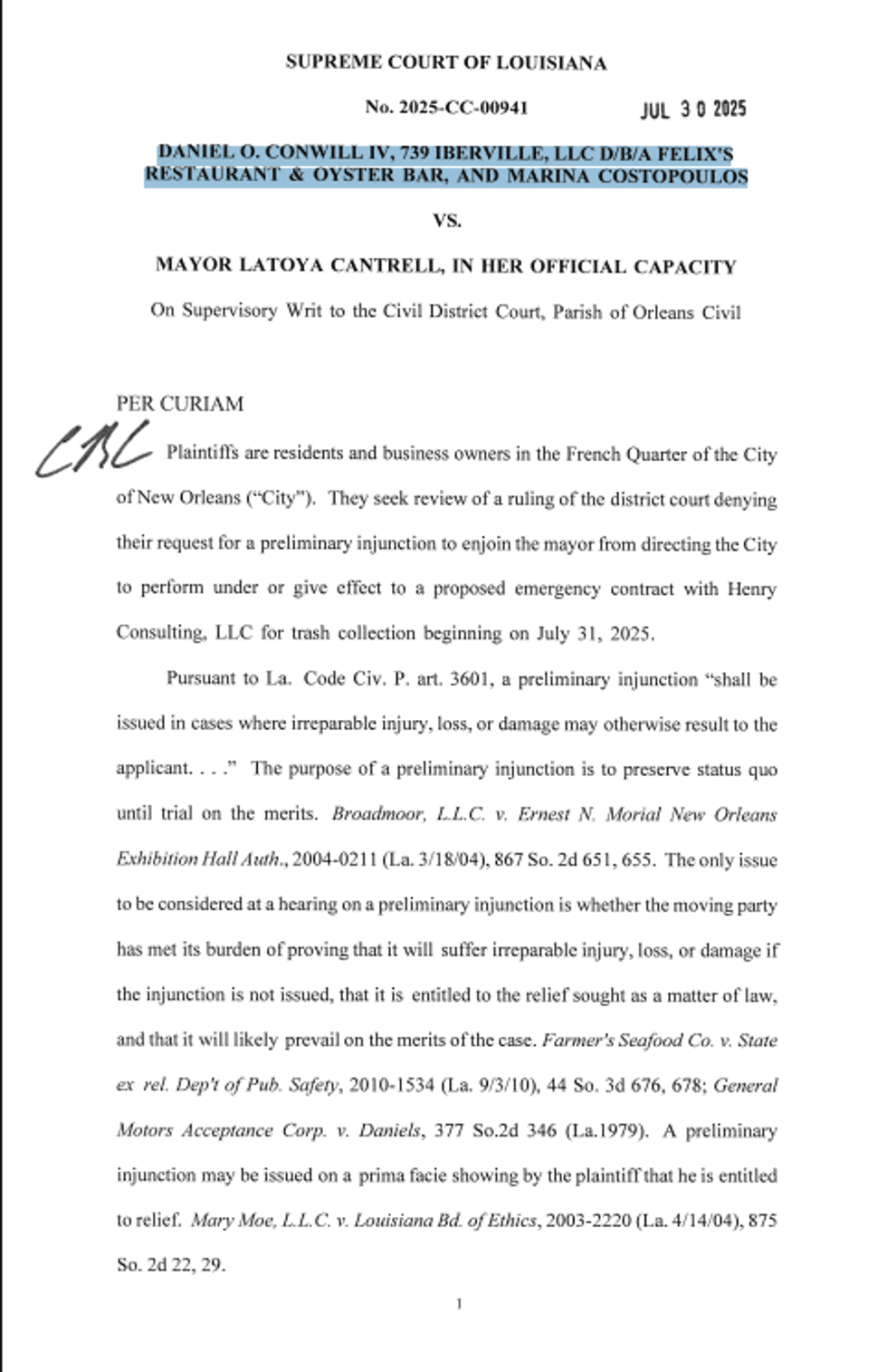 Louisiana Supreme Court Grants Injunction on Cantrell