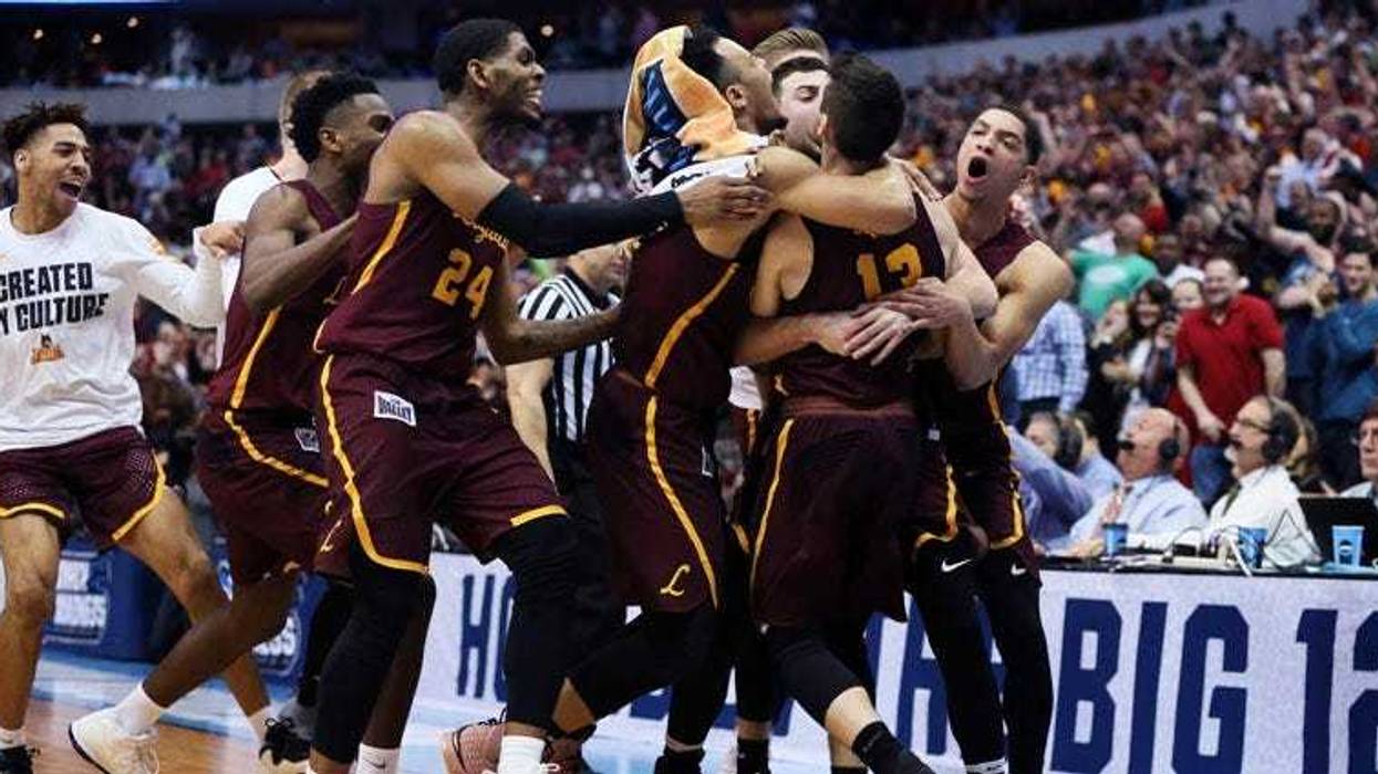 Loyola-Chicago celebrates this Elite 8 win over Kansas State on March 24, 2018, in Atlanta.