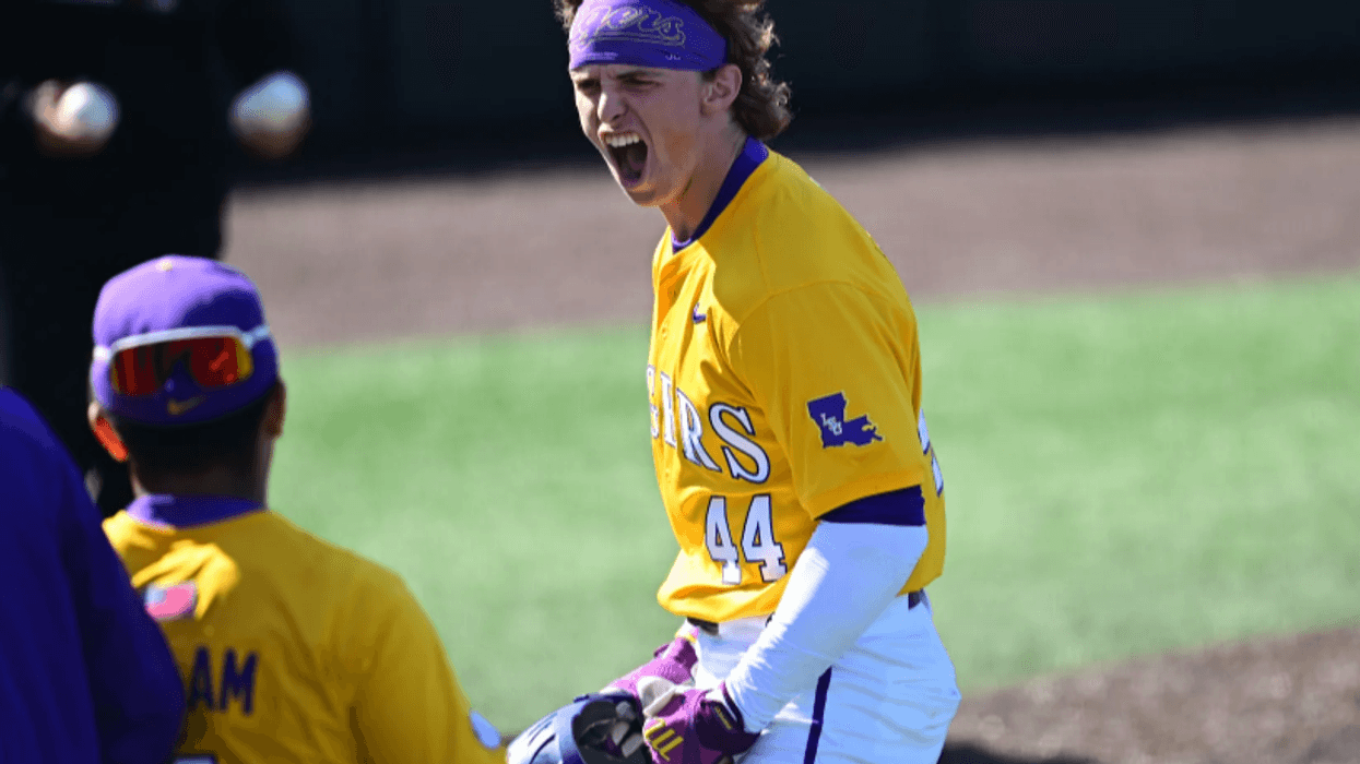 LSU baseball player Ashton Larson celebrates