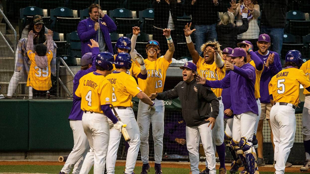 LSU baseball players celebrate