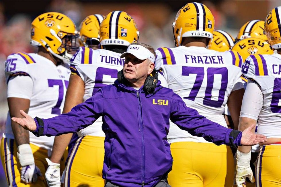 LSU head coach Brian Kelly reacts to a call as the Tigers face Arkansas.