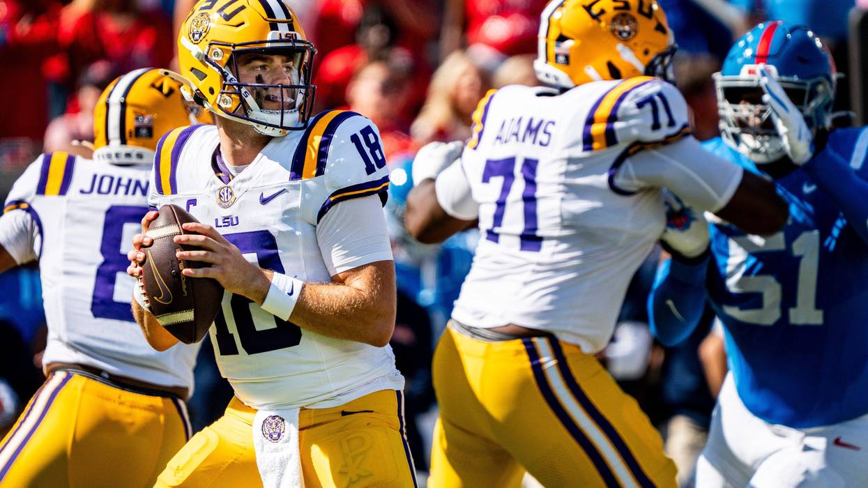 LSU quarterback Garrett Nussmeier drops back to pass against Ole Miss