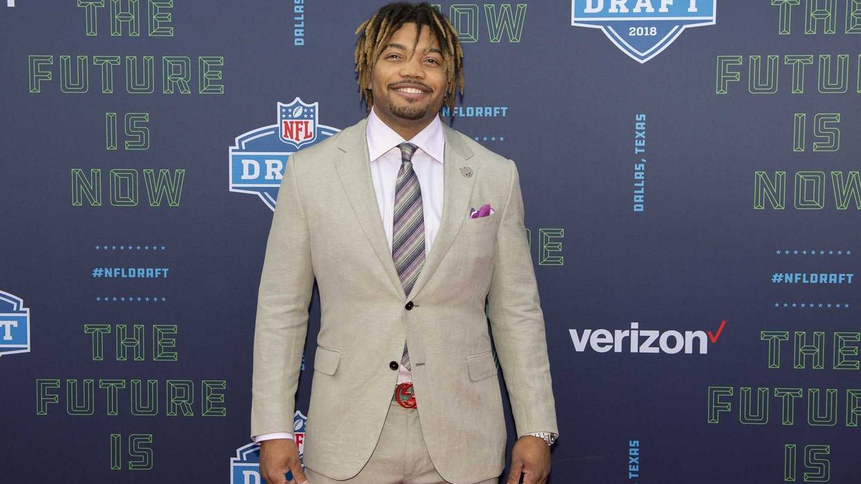 LSU running back Derrius Guice arrives on the red carpet before the 2018 NFL Draft at AT&T Stadium
