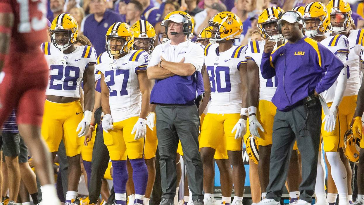 LSU Tigers Head Coach Brian Kelly reacts during the game against the Arkansas Razorbacks