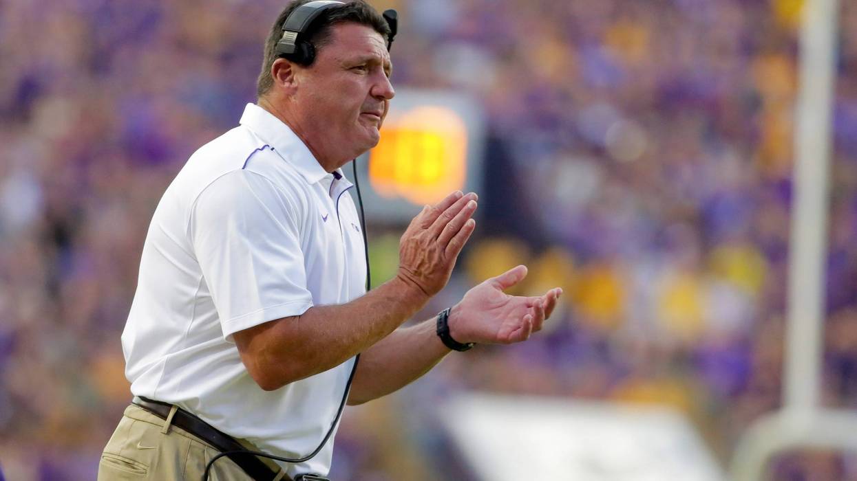 LSU Tigers head coach during the first quarter against the Northwestern State Demons at Tiger Stadium.