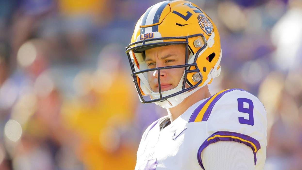 LSU Tigers quarterback Joe Burrow (9) during warm ups prior to kickoff against the Georgia Southern Eagles at Tiger Stadium.