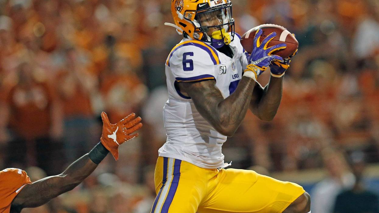 LSU Tigers wide receiver Terrace Marshall Jr. (6) makes a touchdown reception against the Texas Longhorns in the second half at Darrell K Royal-Texas Memorial Stadium.