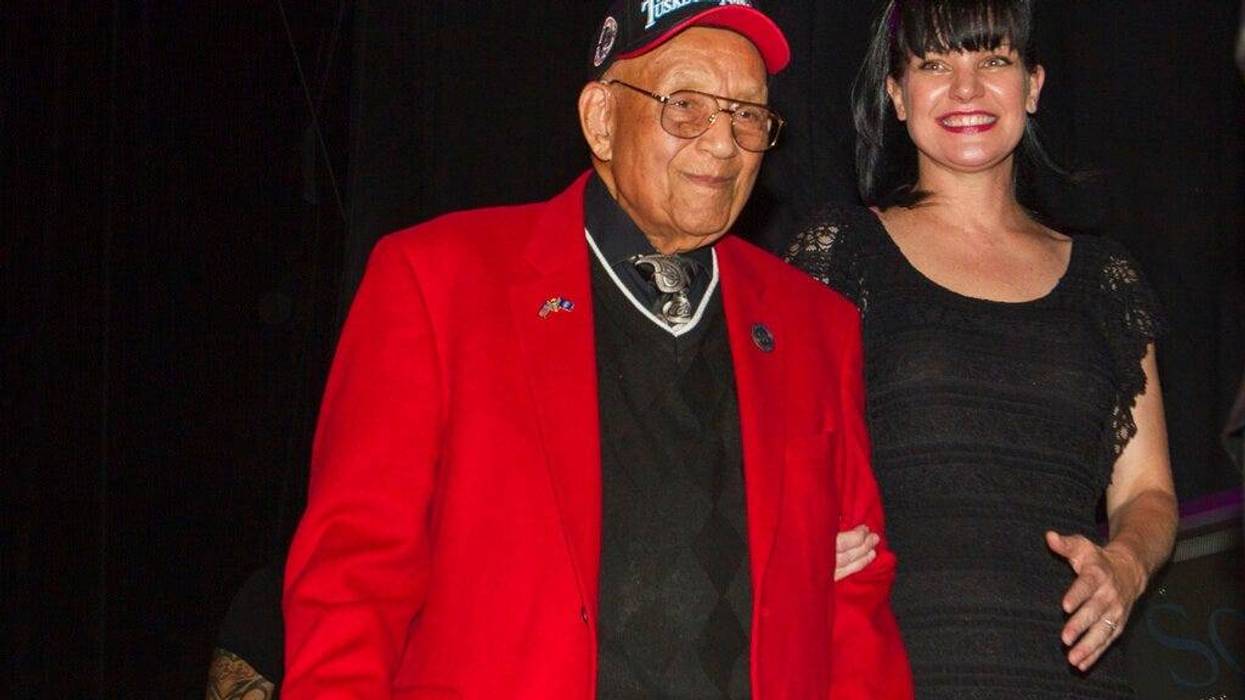 Lt. Col. Bob Friend, a Tuskegee Airman, stand onstage during the 2nd Annual Heroes Helping Heroes Benefit Concert at The House of Blues in Los Angeles