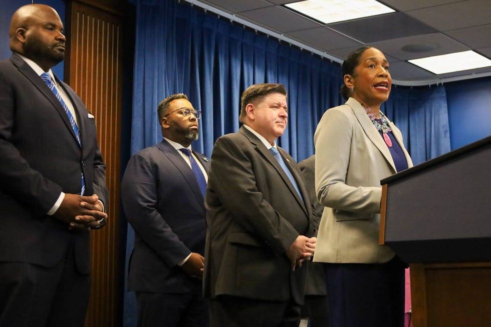 Lt. Gov. Juliana Statton, who is also running for U.S. Senate, speaks at a June 16 signing ceremony where Gov. JB Pritzker formally approved the state